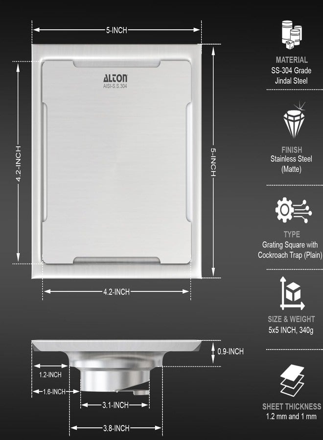 ALTON ALD1005, SS-304 Grade, 5x5 INCH Plain, Bathroom Grating Square Floor Drain Jali with Cockroach Trap, Matte - Image 2